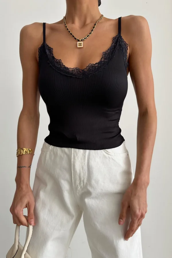 Lace Collar Strappy Crop Black