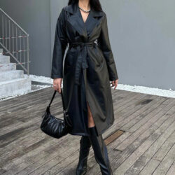 Tied Leather Trench Coat Black
