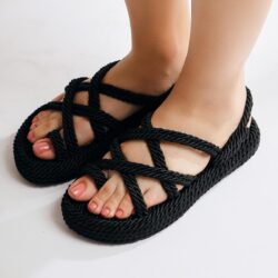Anais Black Thick Soled Cross Rope Sandals