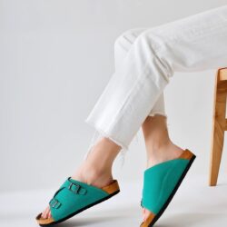 Christella Green Suede Double Buckle Detailed Slippers