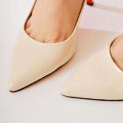 Minal Beige Patent Leather Pointed Toe Red Jurdan Heeled Shoes